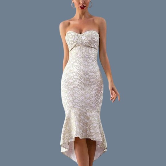 Bustier Strapless Lace Mermaid Bandage Dress | Fishtail Hem Sculpted Fit | S - Picture 3 of 8